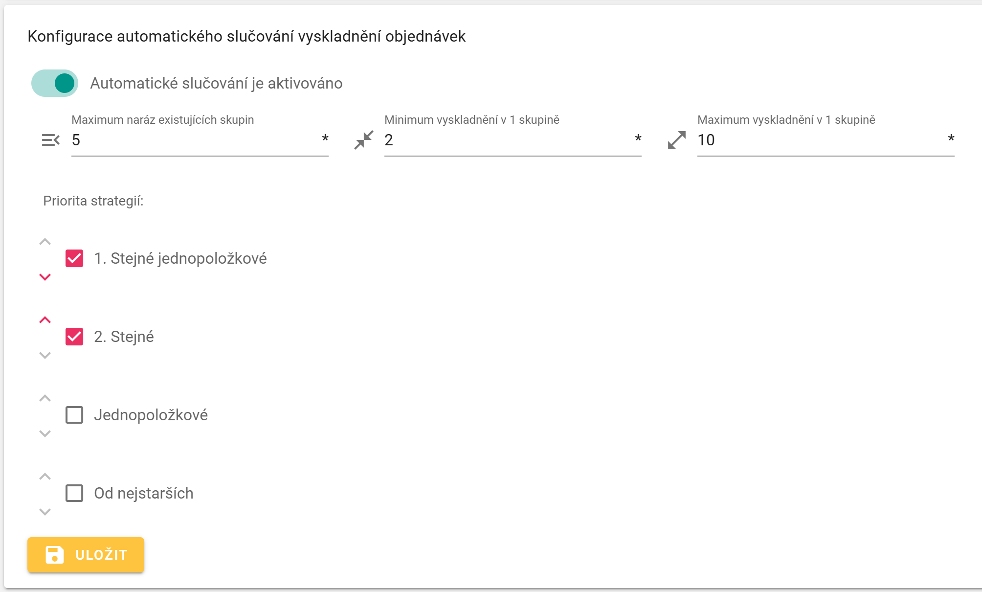 Konfigurace automatického slučování vyskladnění objednávek