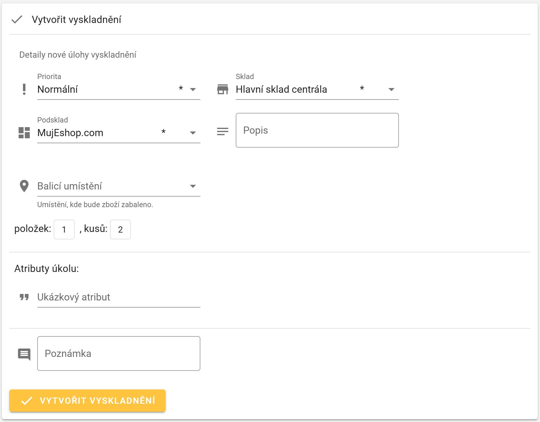 Formulář na kartě dokončení - vytvoření vyskladnění