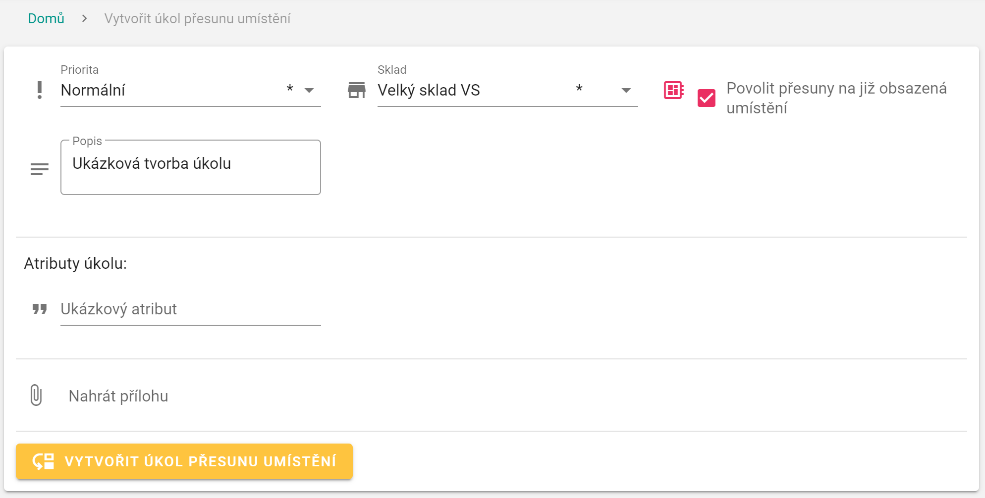 Přesun umístění - vytvoření úkolu