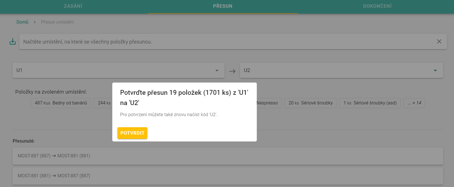 Přesun umístění - přesuny