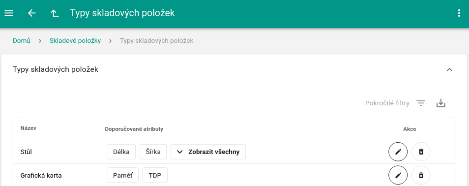 Seznam typů skladových položek