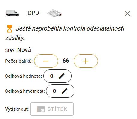 Čeká se na validaci zásilky dopravcem
