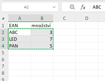 Zapsání dvojic EAN množství_Excel