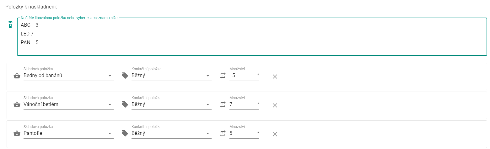 Zapsání dvojic EAN množství