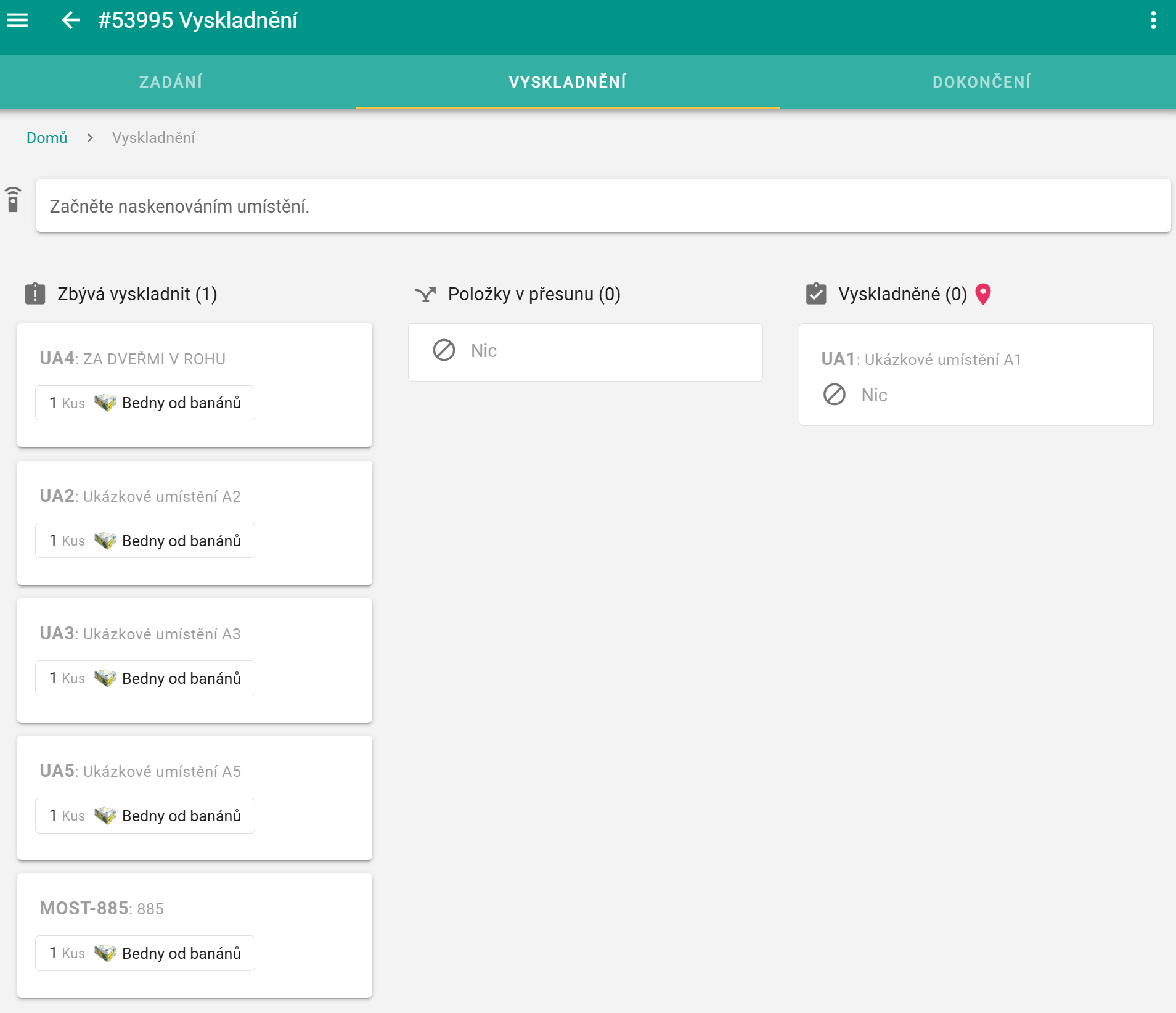 Plnění úkolu vyskladnění - karta Vyskladnění