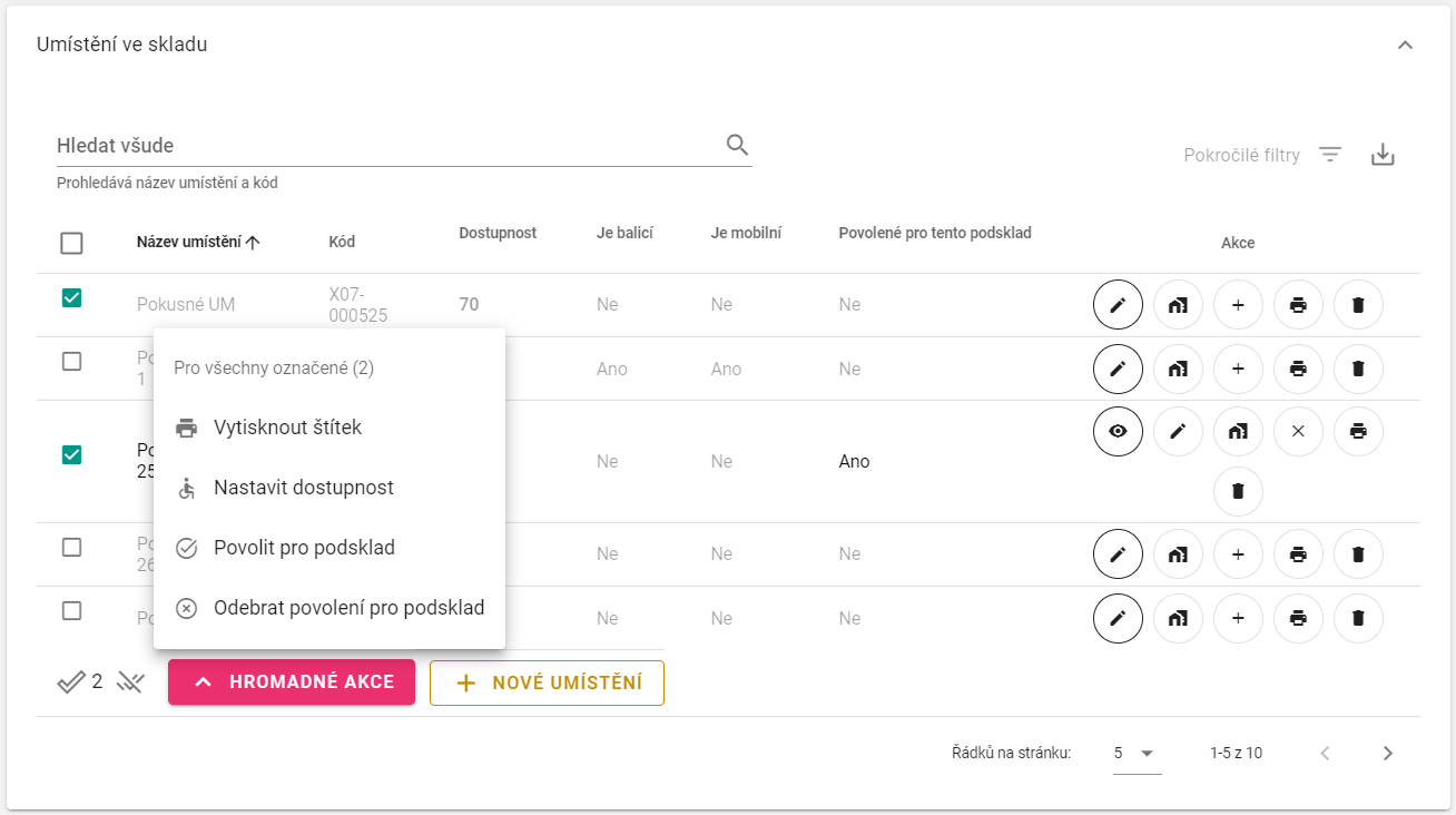 Umístění v podskladu